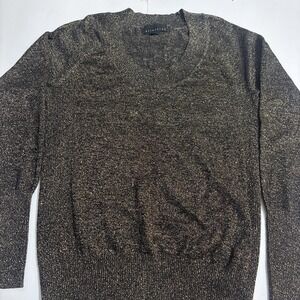 Attention Metallic Gold Black Knit Long Sleeve V Neck Sweater Women's L